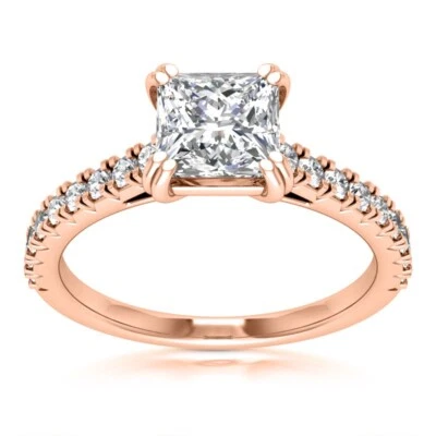 Anillo de diamantes cultivados en laboratorio con halo corte princesa de 2 quilates certificado IGI E VS1 de oro rosa de 14 k Foto 1 de 4