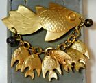 Vintage Gold Tone Koi Fish Dangle Angel Fish Chain Brooch Pin Glass Bead