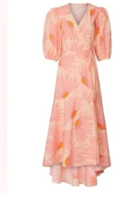 Vestido Kate Spade Midi Envolvente 10 Rosa Amarillo Grand Daisy Algodón Manga Abullonada NUEVO Foto 1 de 4