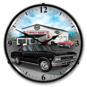 Retro nostalgische 1966 schwarze Chevy Chevelle LED beleuchtete Auto Mann Höhle Wanduhr - Bild 1 von 4