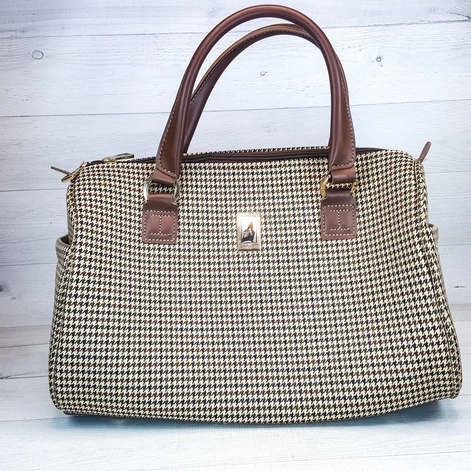 London Fog Hounds Tooth Brown Black Barrel Shoulder Bag Duffle Travel Tote 15" - Image 1 of 4