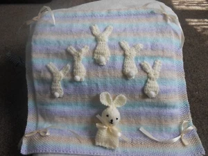 Hand knitted/Crochet..Blue/cream Multi * Bunny* Baby Blanket +bunny.. .* NEW* - Picture 1 of 2