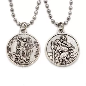 Doppelseitig St. Michael & St. Christopher Andacht Heilige Medaille Anhänger Halskette - Bild 1 von 7