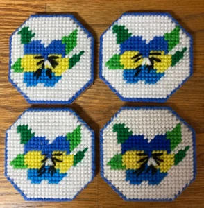 4 Handmade Plastic Canvas Needlepoint Pansy / Violet Coasters Set Hexagon - Picture 1 of 2