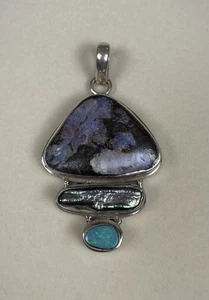 Vintage Handcrafted Blue Opal, Silver Abalone Shell, Opal and Pendant - Picture 1 of 10