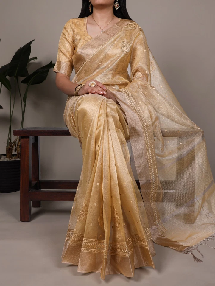 New Stylish Poly Shimmer Saree With Blouse For Indian Party Wear - Image 1 of 1