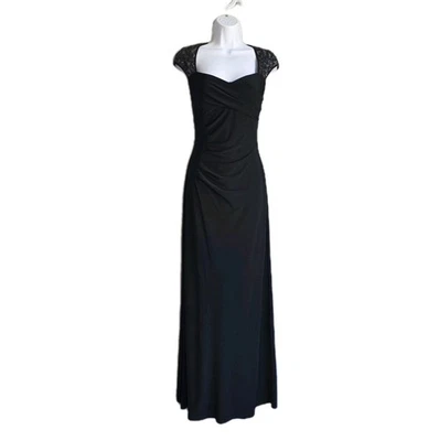 LAUREN Ralph Lauren Evening Maxi Dress Black Ruched Sequins Elegant Classy Sz 8  - Image 1 of 4