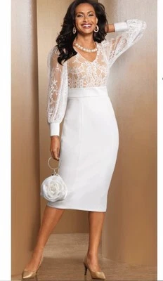 Sz 12 Midnight Velvet Ivory Formal Wedding Party Church Carly Lace Sleeve Dress - Image 1 of 4