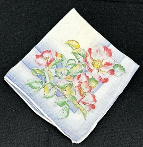 Pañuelo flores rosa rojo 11-12" borde vieira lino - Imagen 1 de 6