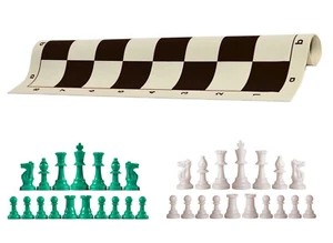 Green & White Chess Pieces 20" Black Vinyl Board - Triple Weight Chess Set - Picture 1 of 4