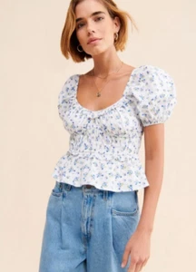 Top Anthropologie RAHI Zoomie Zinnia Abullonada Hombro Cuello Cuadrado Azul Floral Nuevo con Etiquetas - Imagen 1 de 2