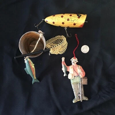 复古乡村钓鱼鱼舱圣诞装饰品民间艺术 3 件套 — 第 1/2 张图片