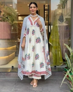 Designer pure cotton hand block kurta with pant and dupatta salwar kameez suits - Picture 1 of 9