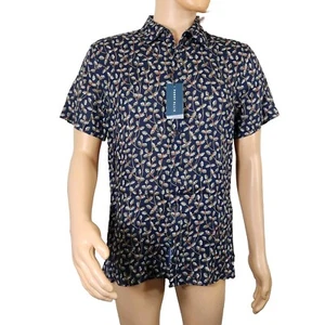 Perry Ellis Men's Size L  Shirt Short Sleeve 100% Linen Floral Olive Slim Fit 02 - Picture 1 of 10