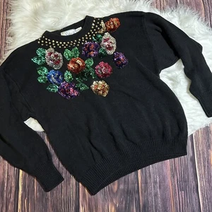RARE VTG 1980s SARIT knitted sweater with beaded sequin floral embroidery - Picture 1 of 6