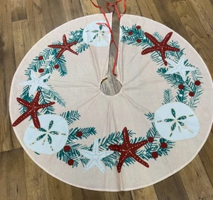 Christmas Beach Sand Dollar, Starfish & Pine Branches Tree Skirt Coastal - Picture 1 of 8