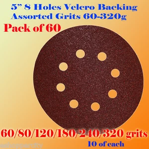 60x 5" 8 Hole 60/80/120/180/240/320 Grit Sandpaper Disc Sanding Sander Paper - Bild 1 von 3