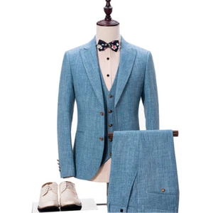 Tuta uomo personalizzata blu chiaro smoking tuta ritorno a casa lino abito da sposa - Foto 1 di 12