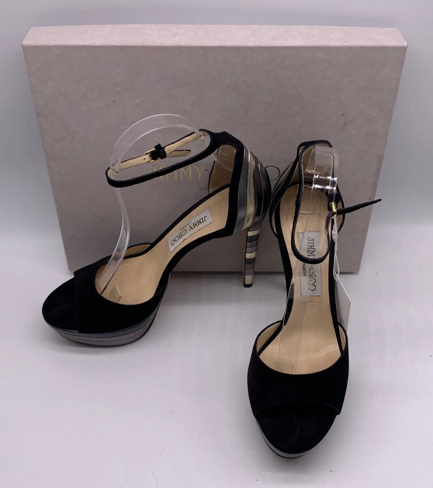 Zapatos de salón Jimmy Choo negros de gamuza metálicos dorados plateados a rayas con tacón y plataforma talla 38,5 Foto 1 de 4