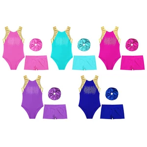 Kids Girls Rompers Sport Bodysuit 3 Piece Leotard With Shorts Dance Sequins Gym - Picture 1 of 59