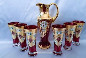 Lusso set vetro rosso boemia 6+1 decorato oro e smalto - Foto 1 di 8