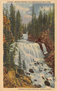 Postkarte WY: Kepler Cascade, Yellowstone NP, Montana Leinen verschickt 1958 - Bild 1 von 2