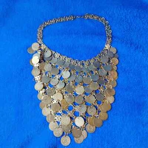Vintage Egyptian Revival Gold Toned Dangle Coin Layered Bib Collar Necklace - Picture 1 of 8