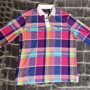 POLO SPORT Ralph Lauren Pink Madras Plaid Long Sleeve Cotton Rugby Shirt SZ L - Picture 1 of 7