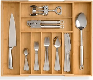 Expandable Bamboo Kitchen Drawer Organizer Silverware Organizer Utensil Holder - Picture 1 of 8