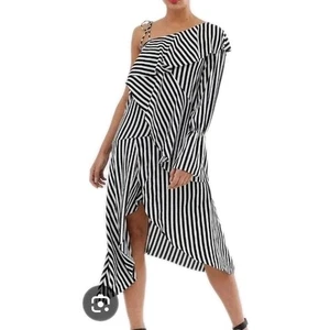Monki Midi Dress Size S Womens Black & White Striped One Sleeve - Picture 1 of 15