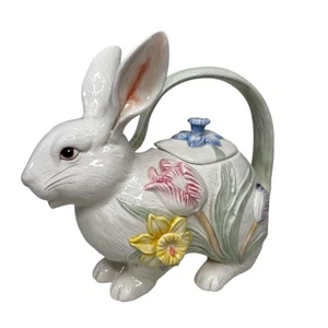 Vintage Ceramic Bunny Rabbit Teapot Spring Floral Design Easter Decor 8” - Picture 1 of 9