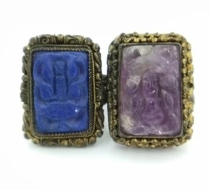 Lote de 2 anillos ajustables de lapislázuli y amatista tallados de exportación china vintage en circonitas - Imagen 1 de 7