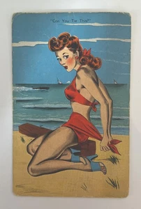 VINTAGE PINUP BEACH POSTCARD ‘CAN YOU TIE THIS’ BY E.C.KROPP CO UNPOSTED T63 - Picture 1 of 2