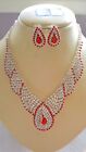 Red & Silver Colour Diamante Necklace & Earrings Set Silver Colour Chain