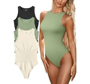 OQQ Women's 3 Piece Bodysuits Sexy Ribbed Sleeveless Halter Neck Tops Medium - Picture 1 of 5