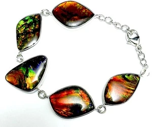 B20528 Colorful Natural Ammolite Free Form Sterling Silver Bracelet  - Picture 1 of 3