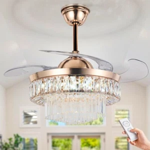42 " Invisible LED Crystal Chandelier Ceiling Fan Light 3-Speeds Remote 3-Colors - Picture 1 of 15