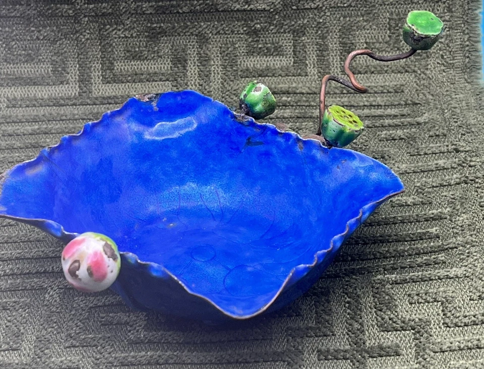 Старинный китайский медный лотос лист синий эмаль щетка горшок чаша лоток - Изображение 1 из 4