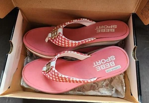 NIB Bebe Sport Sandals Dance Fever Wedge Thong Sandals Flip Flops Coral White 8 - Picture 1 of 12
