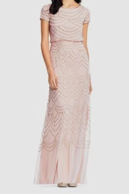 $209 Adrianna Papell Womens Pink Blouson Beaded Short Sleeve A-Line Gown US 10 - Изображение 1 из 4