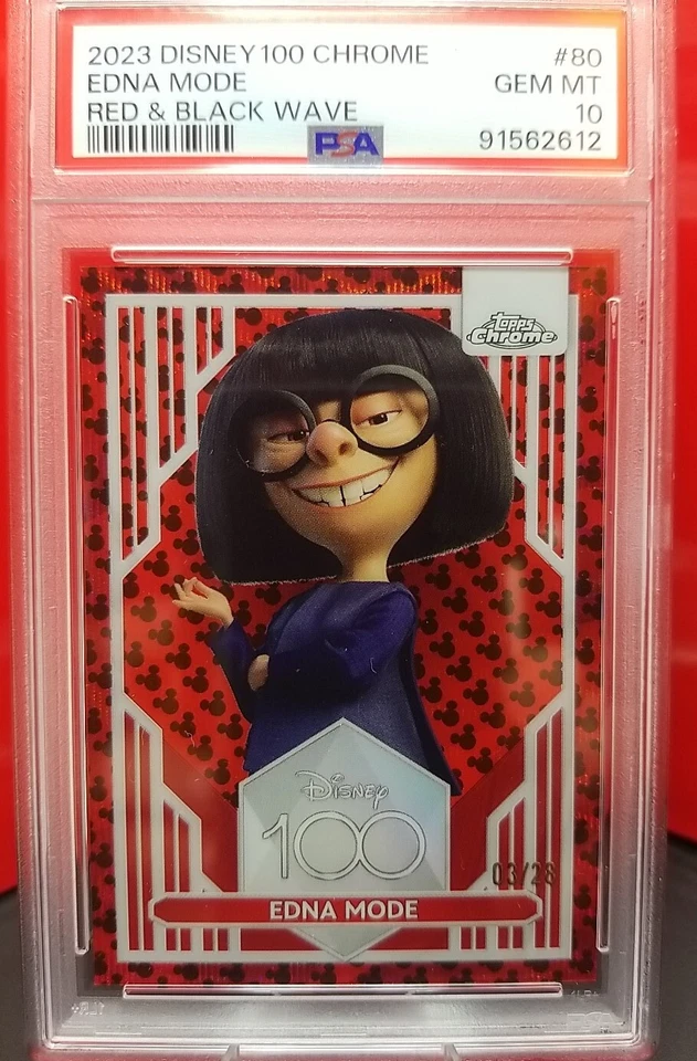 2023 TOPPS CHROME DISNEY 100 RED & BLACK WAVE #80 EDNA 03/28 PSA GEM 10 - POP 5 - Image 1 of 3