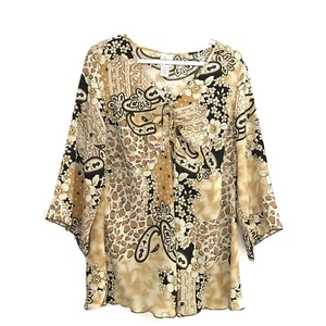 Damen-Blusentop 14/16 mehrfarbig bedruckt 3/4-Ärmel beige braun V-Ausschnitt Kunstschleife zum Binden - Bild 1 von 5