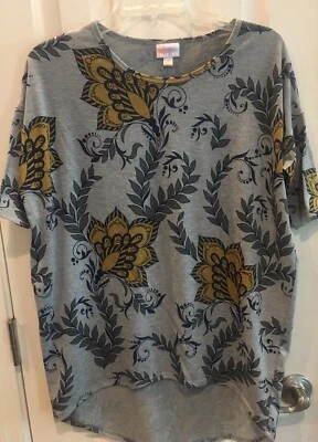 LulaRoe Women's XXS  Irma Top Flowers Yellow Gray Navy Blue Dark Green - Image 1 of 3
