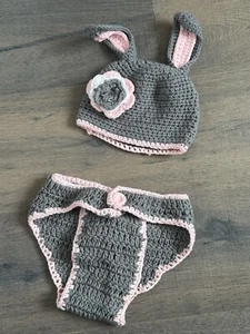 Baby Mädchen Set Mütze Hose Hase Kostüm Ostern Foto Kleidung gehäkelt gestrickt - Bild 1 von 5