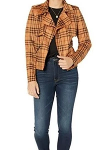 Kut From The Kloth Jace Moto Jacket Womens Medium Tan Plaid Asymmetrical Zip Fro - Picture 1 of 8