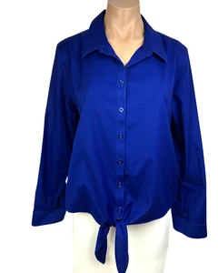 Blusa Azul Chico's Talla 2/L Sin Hierro Manga Larga Corbatas en la Cintura Botón Delantero Algodón - Imagen 1 de 9