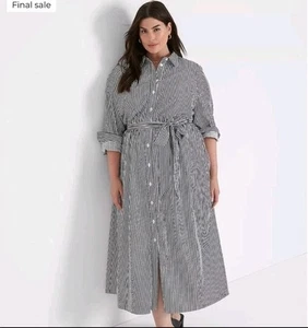 Lane Bryant Button Down Striped Midi Dress With Waist Tie Pockets NWOT Size 26 - Picture 1 of 11
