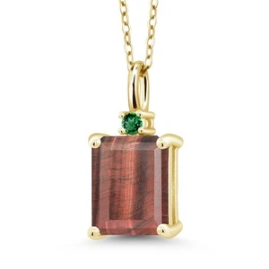 18K Yellow Gold Plated Silver Red Tiger Eye and Nano Emerald Pendant Necklace - Picture 1 of 4