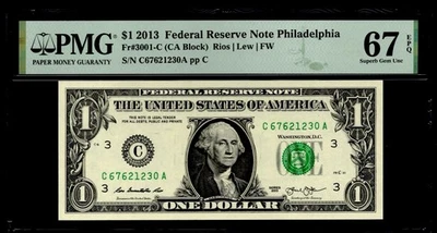 2013 $1 FRN PHILADELPHIA. FR: 3001-C. PMG Graded: 67 PPQ. RARE GRADE - Image 1 of 2