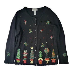 Vintage Heirloom Collectibles Christmas Cardigan Sweater Holiday Topiary Black - Picture 1 of 8